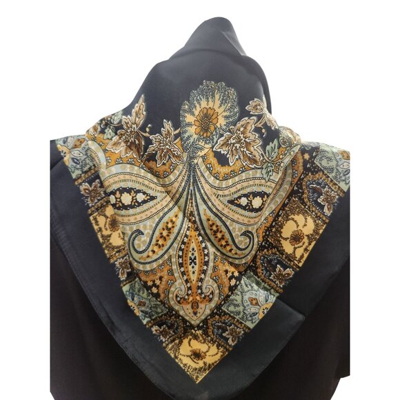 Paisley Floral Silk Scarf 27" Square Black Yellow Mint Accents Hand-Rolled - Picture 11 of 14